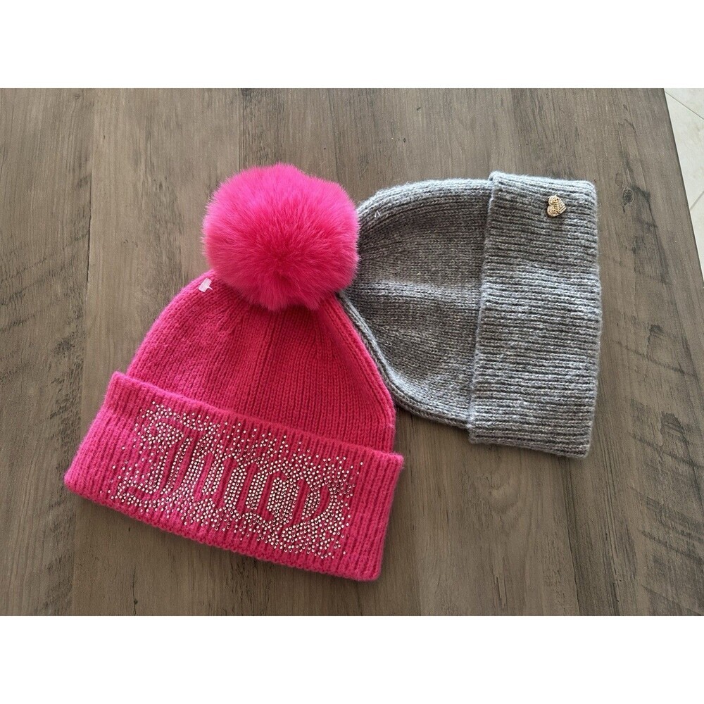 NEW! JUICY COUTURE Hot Pink Rhinestone & Gray Y2K Beanie Hat Winter One Size (2)